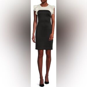 🆕 Hilfiger Scuba Crew neck Black Ivory Mini Sheath Flutter Cap Sleeve Zip Sz 10